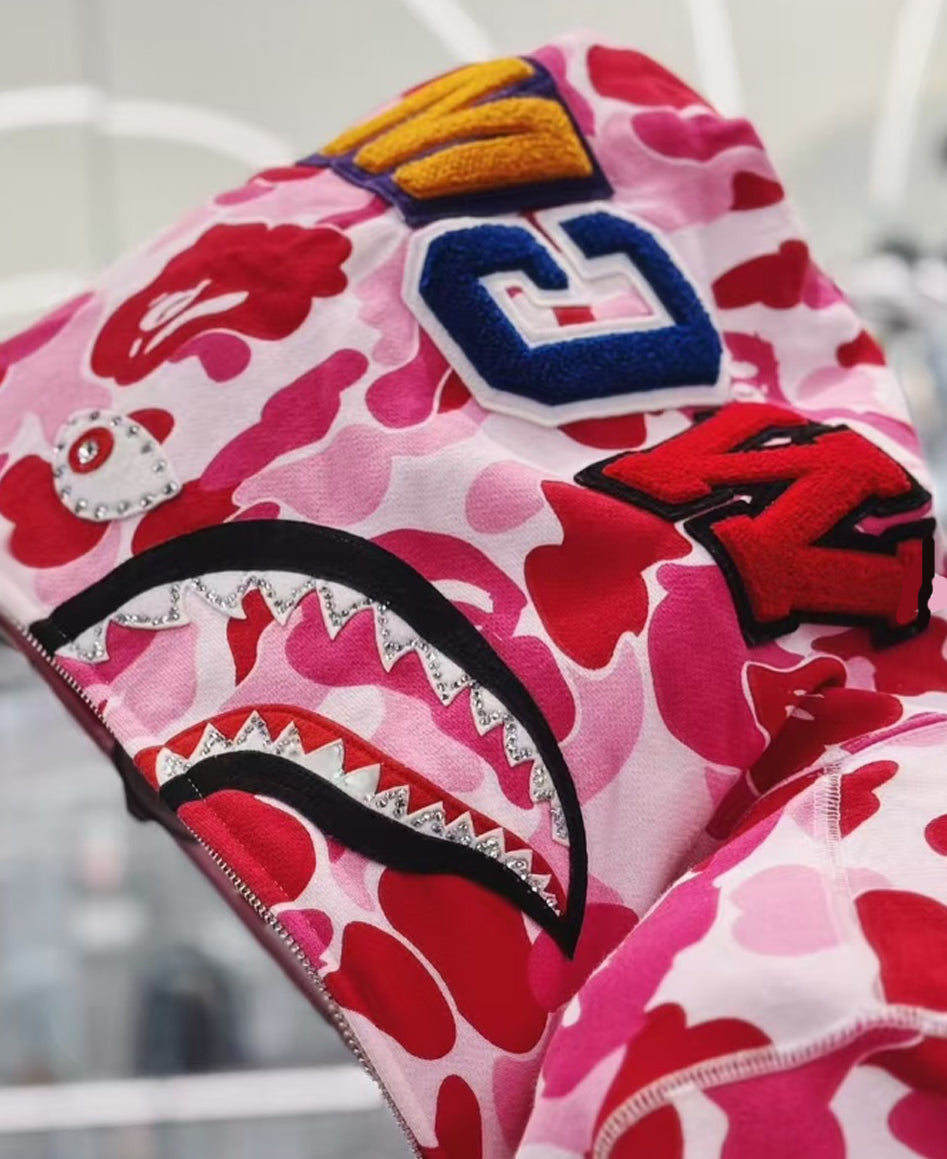 A BATHING APE BAPE ABC CAMO CRYSTAL STONE SHARK FULL ZIP HOODIE PINK