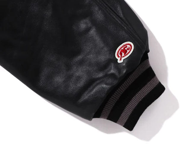 A BATHING APE BAPE (B)APE LEATHER VARSITY JACKET BLACK