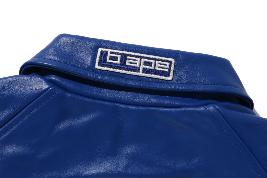 A BATHING APE BAPE (B)APE LEATHER VARSITY JACKET BLUE