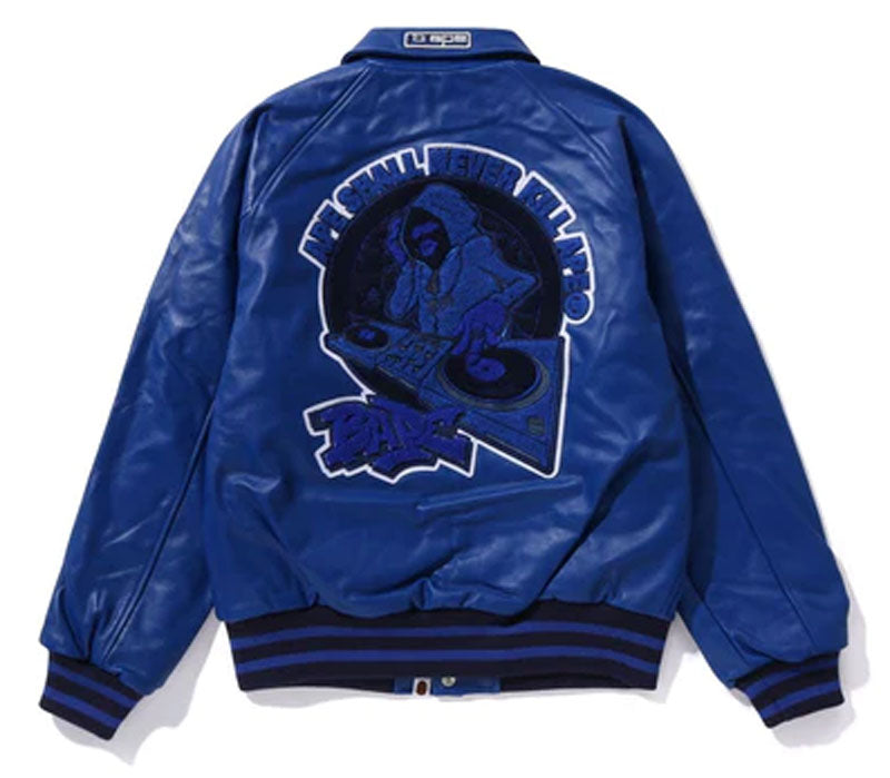A BATHING APE BAPE (B)APE LEATHER VARSITY JACKET BLUE