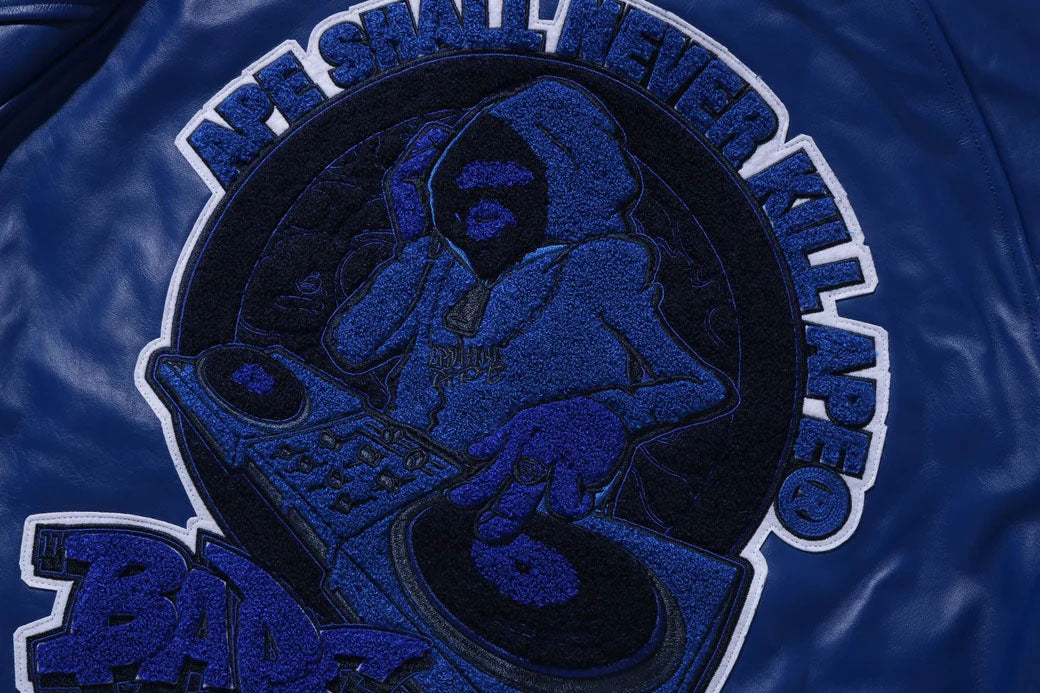 A BATHING APE BAPE (B)APE LEATHER VARSITY JACKET BLUE
