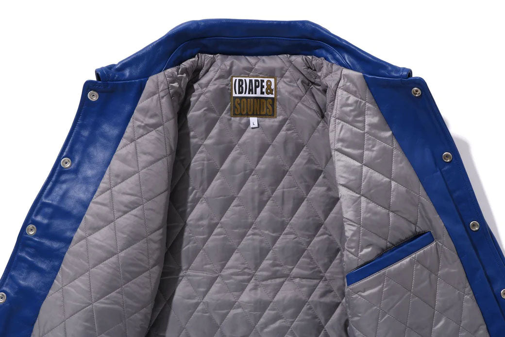 A BATHING APE BAPE (B)APE LEATHER VARSITY JACKET BLUE