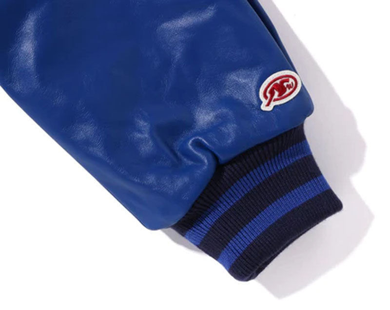 A BATHING APE BAPE (B)APE LEATHER VARSITY JACKET BLUE