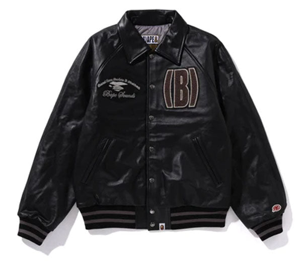 A BATHING APE BAPE (B)APE LEATHER VARSITY JACKET BLACK