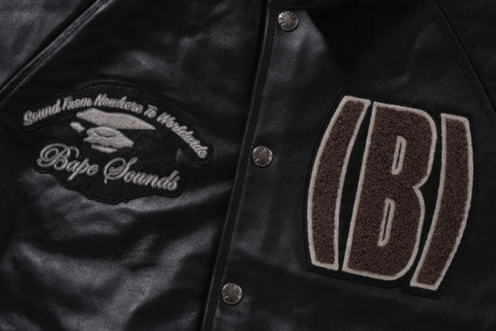 A BATHING APE BAPE (B)APE LEATHER VARSITY JACKET BLACK