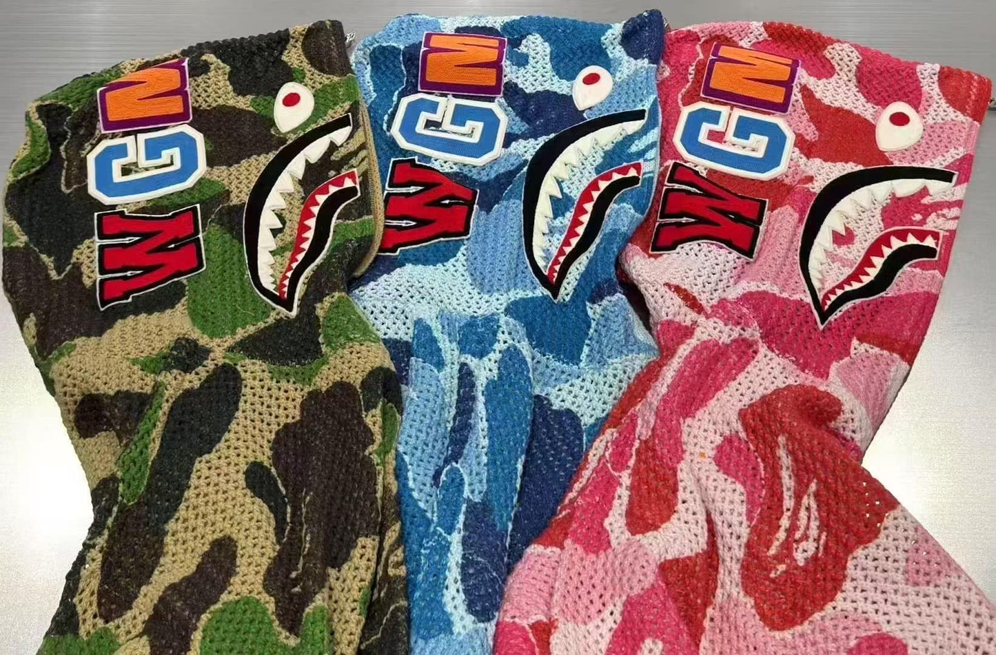 A BATHING APE BAPE ABC CAMO CROCHET RELAXED FIT SHARK FULL ZIP HOODIE BLUE