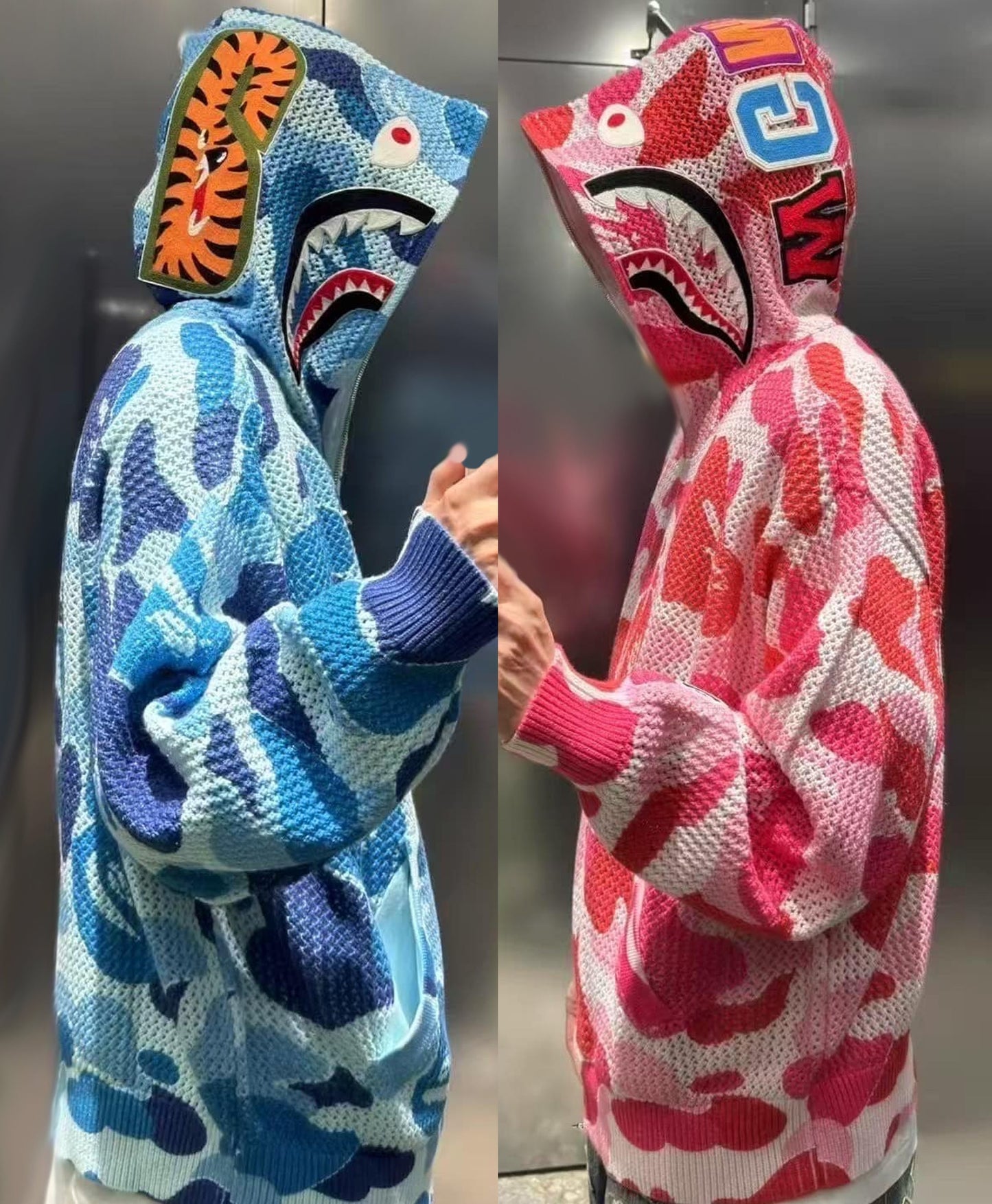 A BATHING APE BAPE ABC CAMO CROCHET RELAXED FIT SHARK FULL ZIP HOODIE BLUE