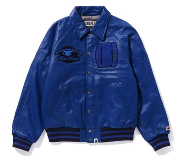 A BATHING APE BAPE (B)APE LEATHER VARSITY JACKET BLUE