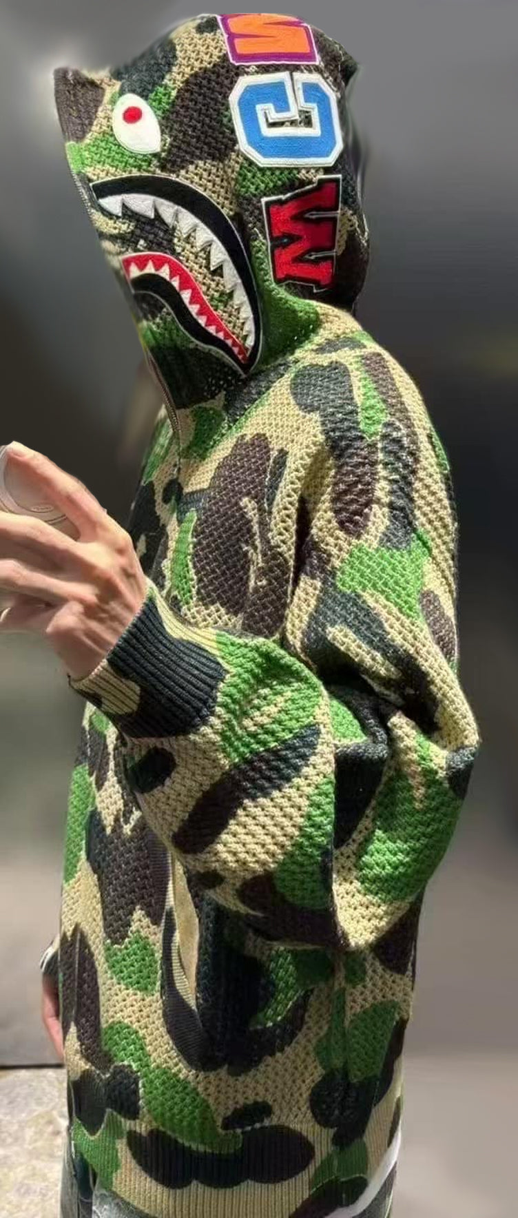 A BATHING APE BAPE ABC CAMO CROCHET RELAXED FIT SHARK FULL ZIP HOODIE GREEN