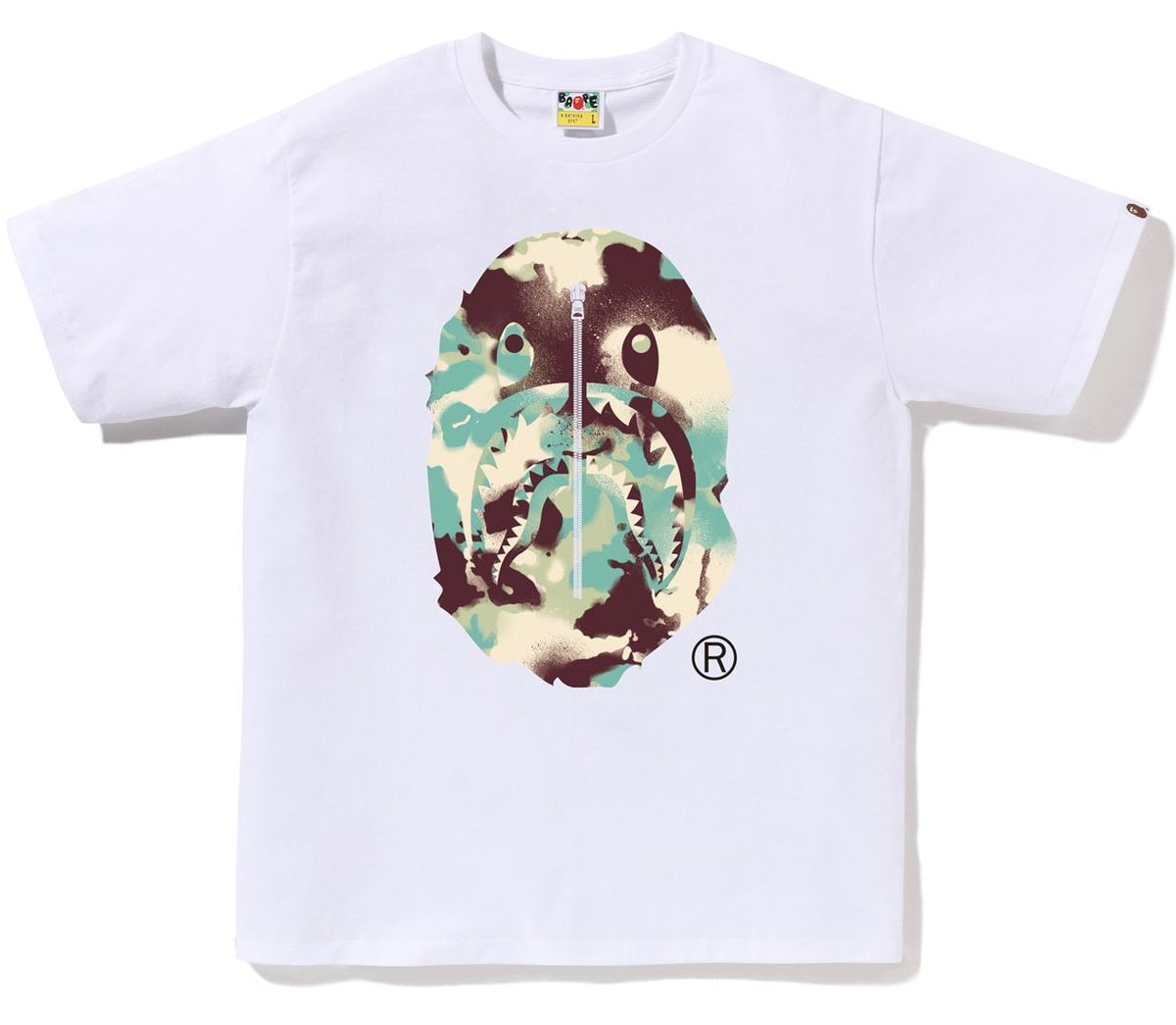 A BATHING APE BAPE MAP CAMO APE HEAD SHARK TEE WHITE MULTI