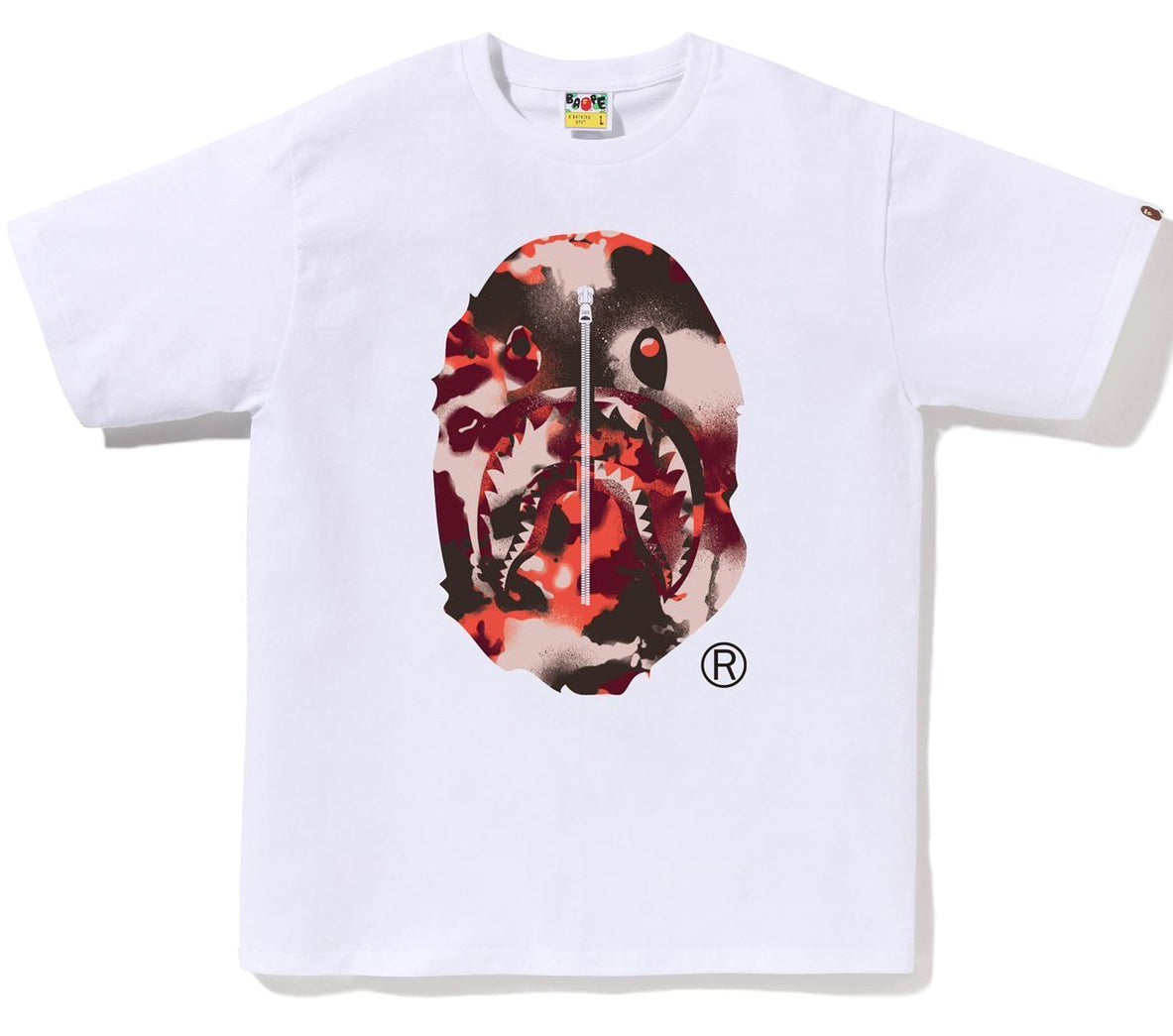 A BATHING APE BAPE MAP CAMO APE HEAD SHARK TEE WHITE RED
