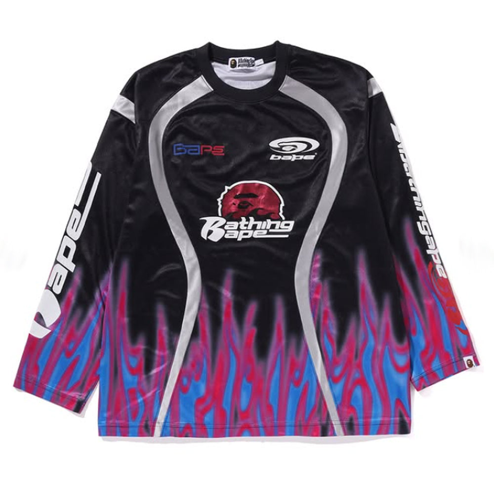 A BATHING APE BAPE FLAME PATTERN MULTI LOGO RELAXED FIT FOOTBALL JERSEY Black
