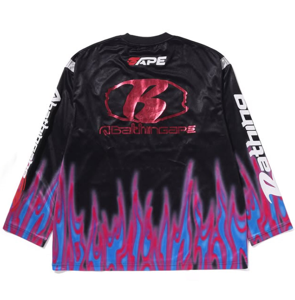 A BATHING APE BAPE FLAME PATTERN MULTI LOGO RELAXED FIT FOOTBALL JERSEY Black