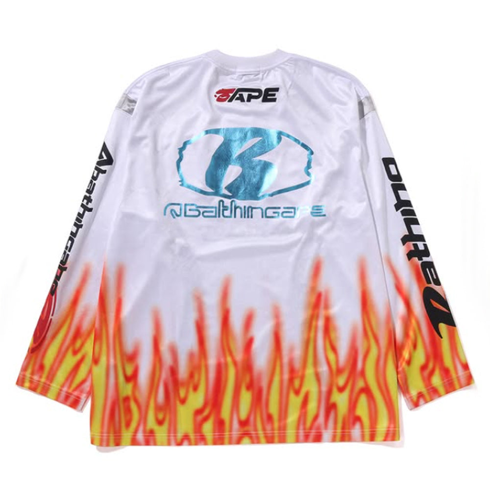 A BATHING APE BAPE FLAME PATTERN MULTI LOGO RELAXED FIT FOOTBALL JERSEY White