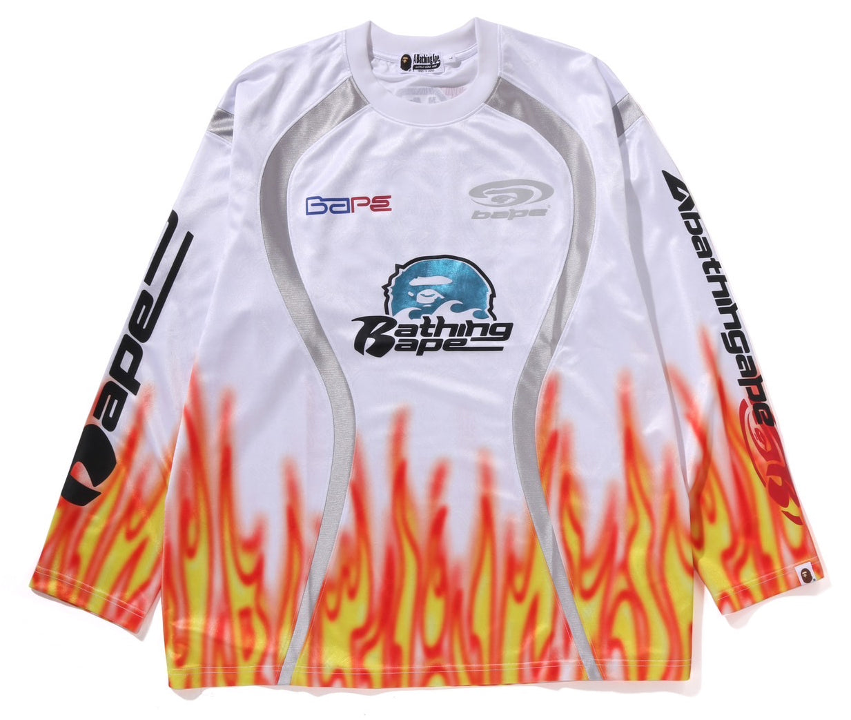 A BATHING APE BAPE FLAME PATTERN MULTI LOGO RELAXED FIT FOOTBALL JERSEY White