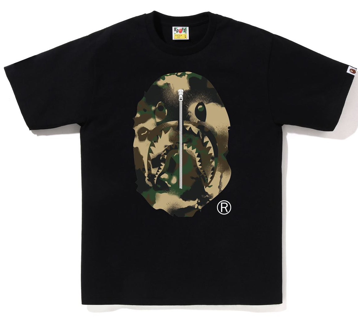 A BATHING APE BAPE MAP CAMO APE HEAD SHARK TEE BLACK GREEN