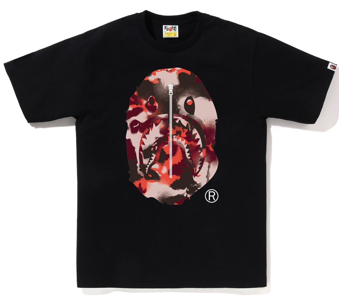 A BATHING APE BAPE MAP CAMO APE HEAD SHARK TEE BLACK RED