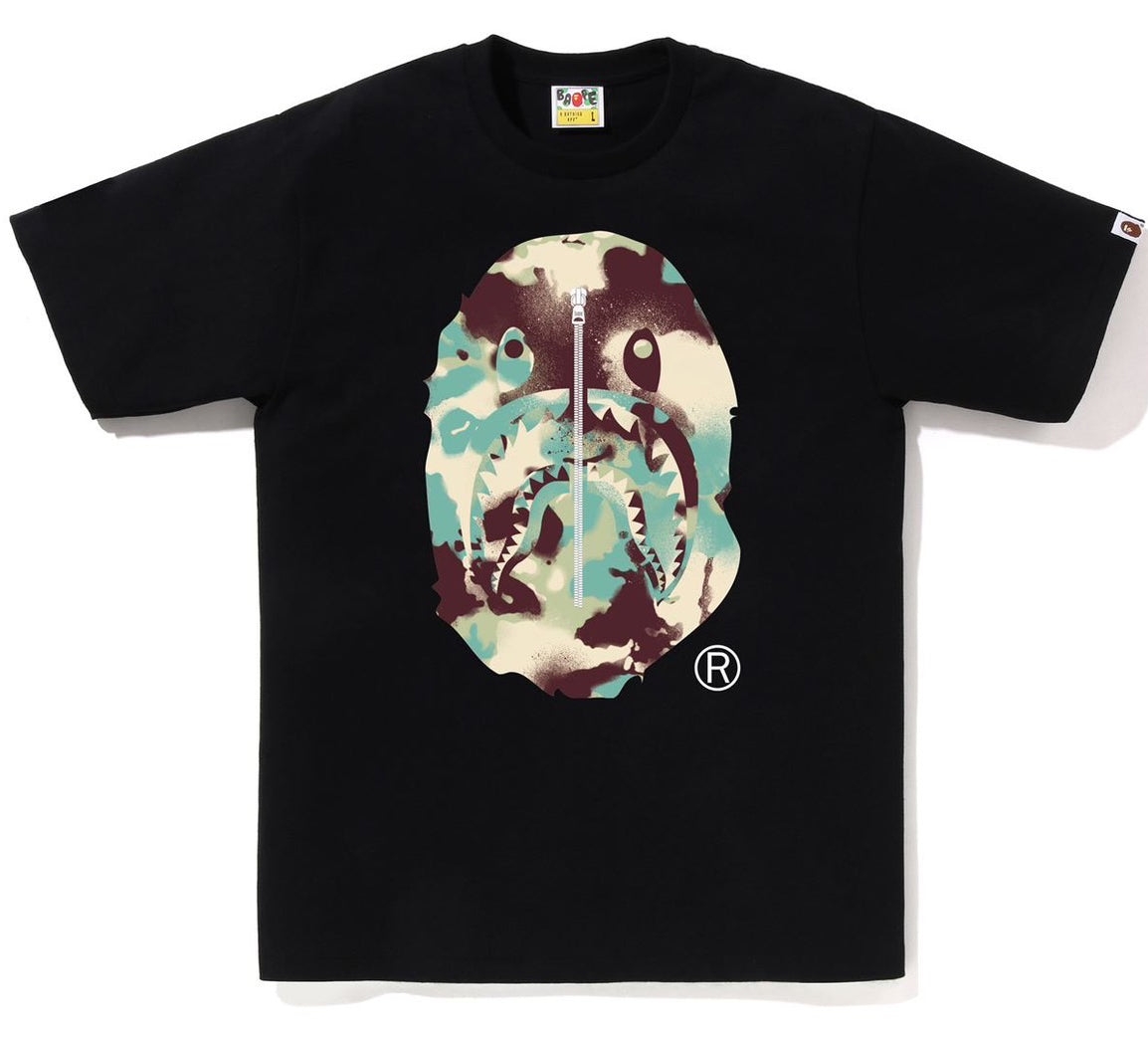 A BATHING APE BAPE MAP CAMO APE HEAD SHARK TEE BLACK MULTI