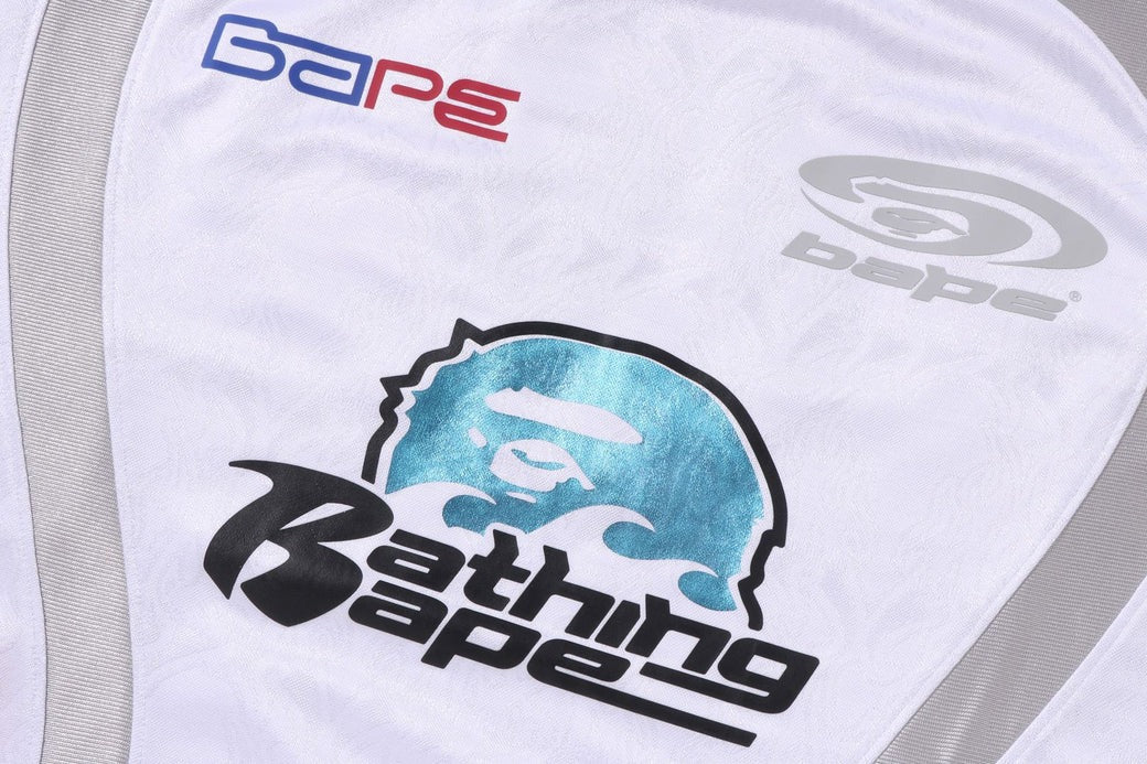 A BATHING APE BAPE FLAME PATTERN MULTI LOGO RELAXED FIT FOOTBALL JERSEY White