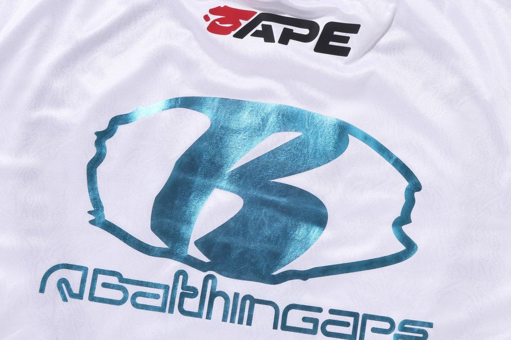 A BATHING APE BAPE FLAME PATTERN MULTI LOGO RELAXED FIT FOOTBALL JERSEY White
