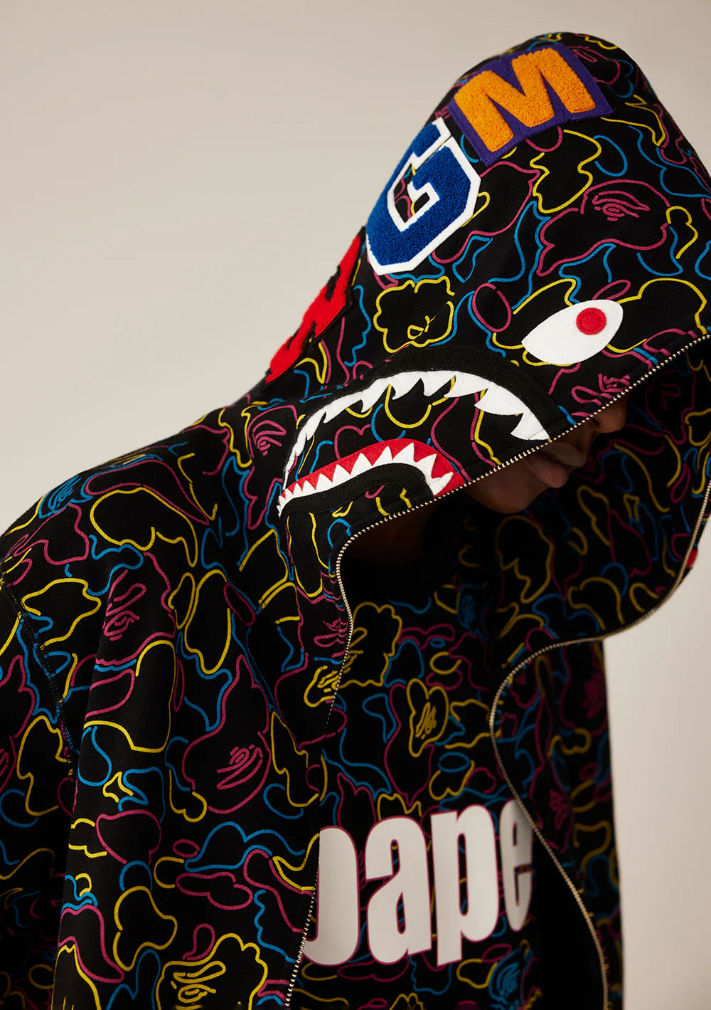 A BATHING APE BAPE NEON CAMO SHARK FULL ZIP HOODIE Black