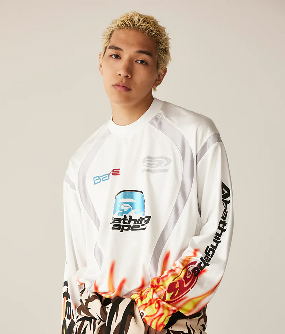 A BATHING APE BAPE FLAME PATTERN MULTI LOGO RELAXED FIT FOOTBALL JERSEY Black