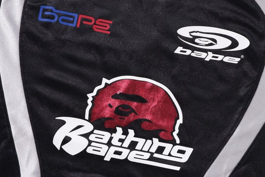 A BATHING APE BAPE FLAME PATTERN MULTI LOGO RELAXED FIT FOOTBALL JERSEY Black