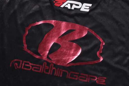 A BATHING APE BAPE FLAME PATTERN MULTI LOGO RELAXED FIT FOOTBALL JERSEY Black