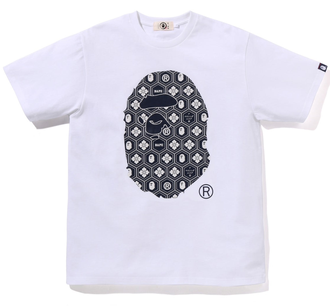 A BATHING APE BAPE TRADITIONAL JAPAN PATTERN APE HEAD TEE WHITE NAVY