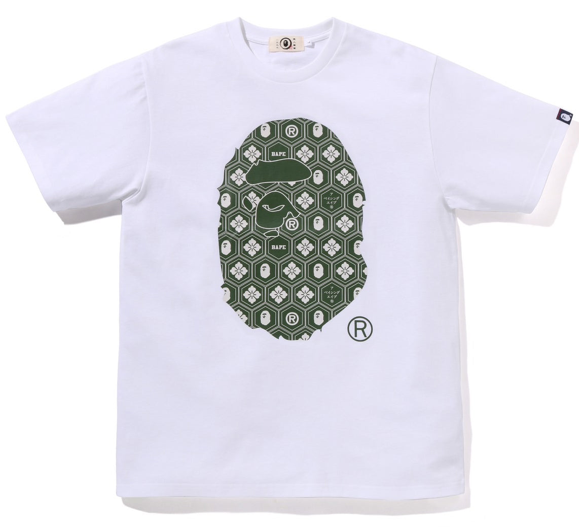 A BATHING APE BAPE TRADITIONAL JAPAN PATTERN APE HEAD TEE WHITE GREEN