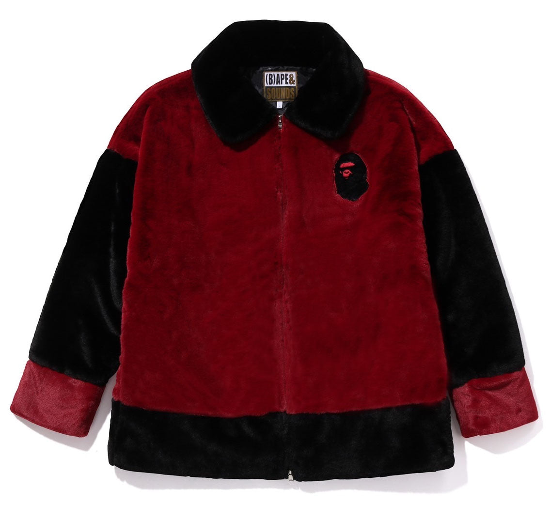 A BATHING APE BAPE (B)APE FAUX FUR JACKET BURGUNDY
