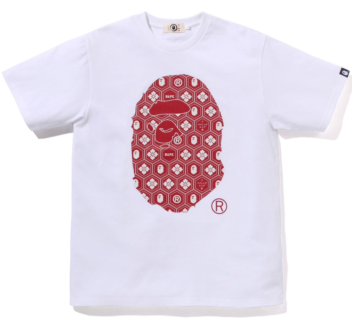 A BATHING APE BAPE TRADITIONAL JAPAN PATTERN APE HEAD TEE WHITE RED