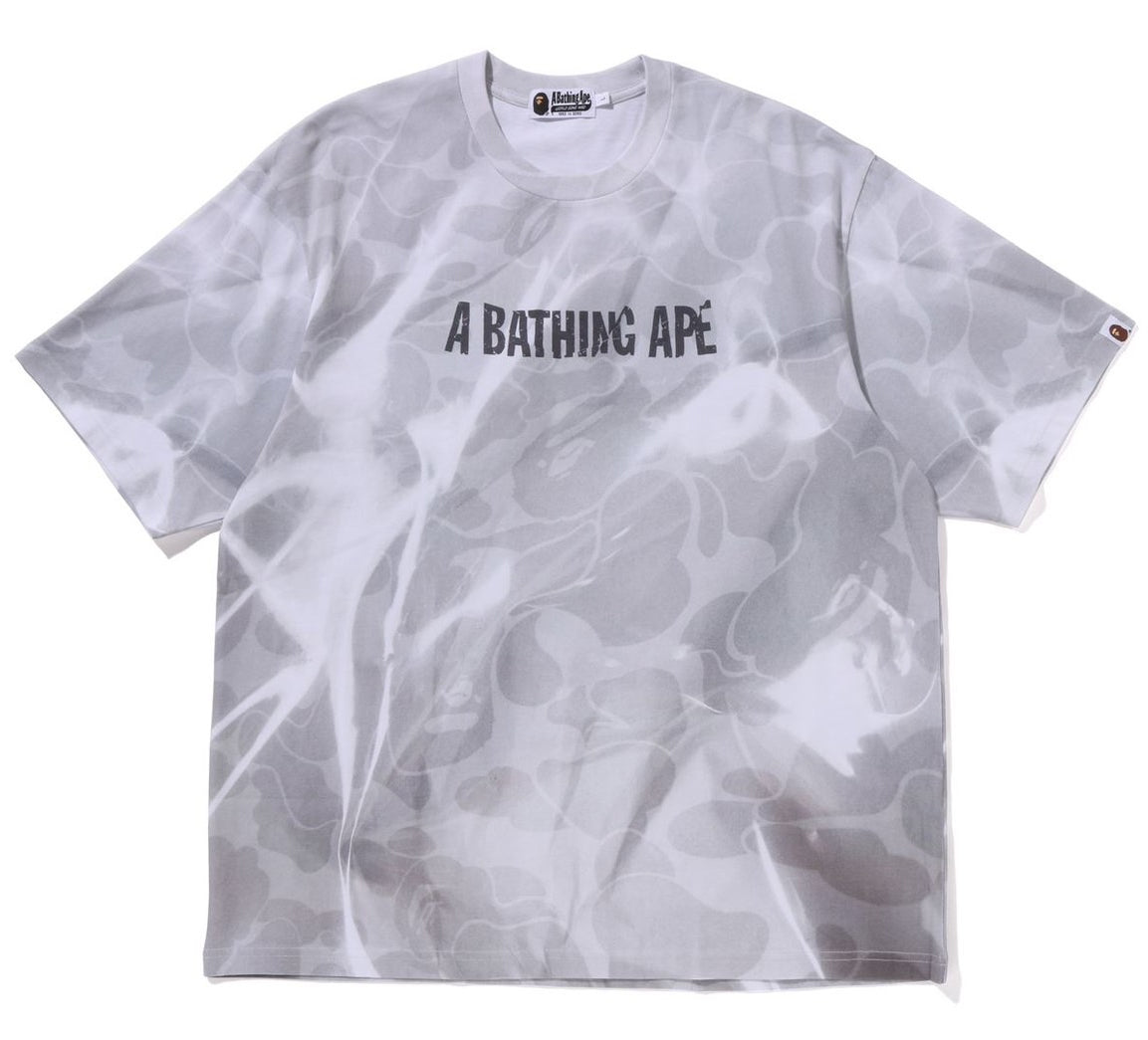 A BATHING APE BAPE OVERALL PRINT LOGO RELAXED FIT TEE WHITE