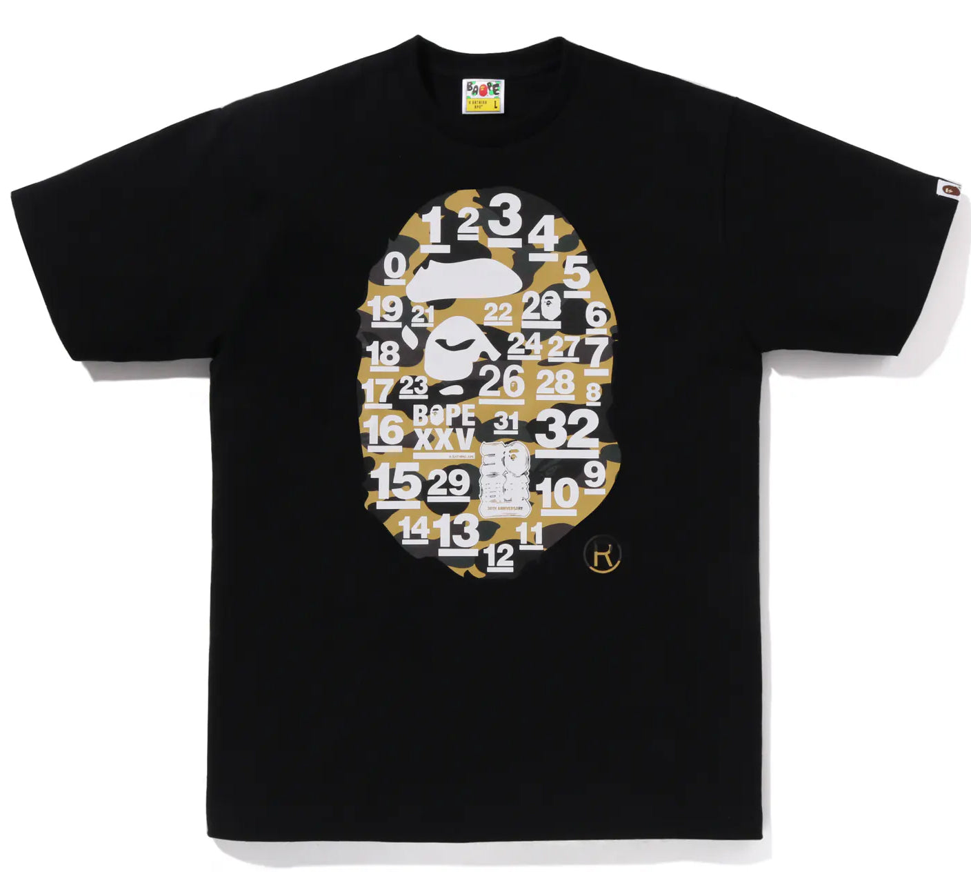 A BATHING APE BAPE 32ND ANNIV. 1ST CAMO BIG APE HEAD TEE BLACK YELLOW