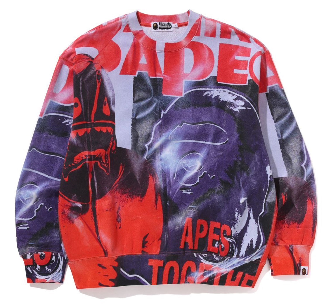 A BATHING APE BAPE OVERPRINT RELAXED CREWNECK SWEAT SHIRT MULTI
