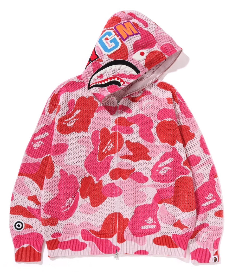 A BATHING APE BAPE ABC CAMO CROCHET RELAXED FIT SHARK FULL ZIP HOODIE PINK