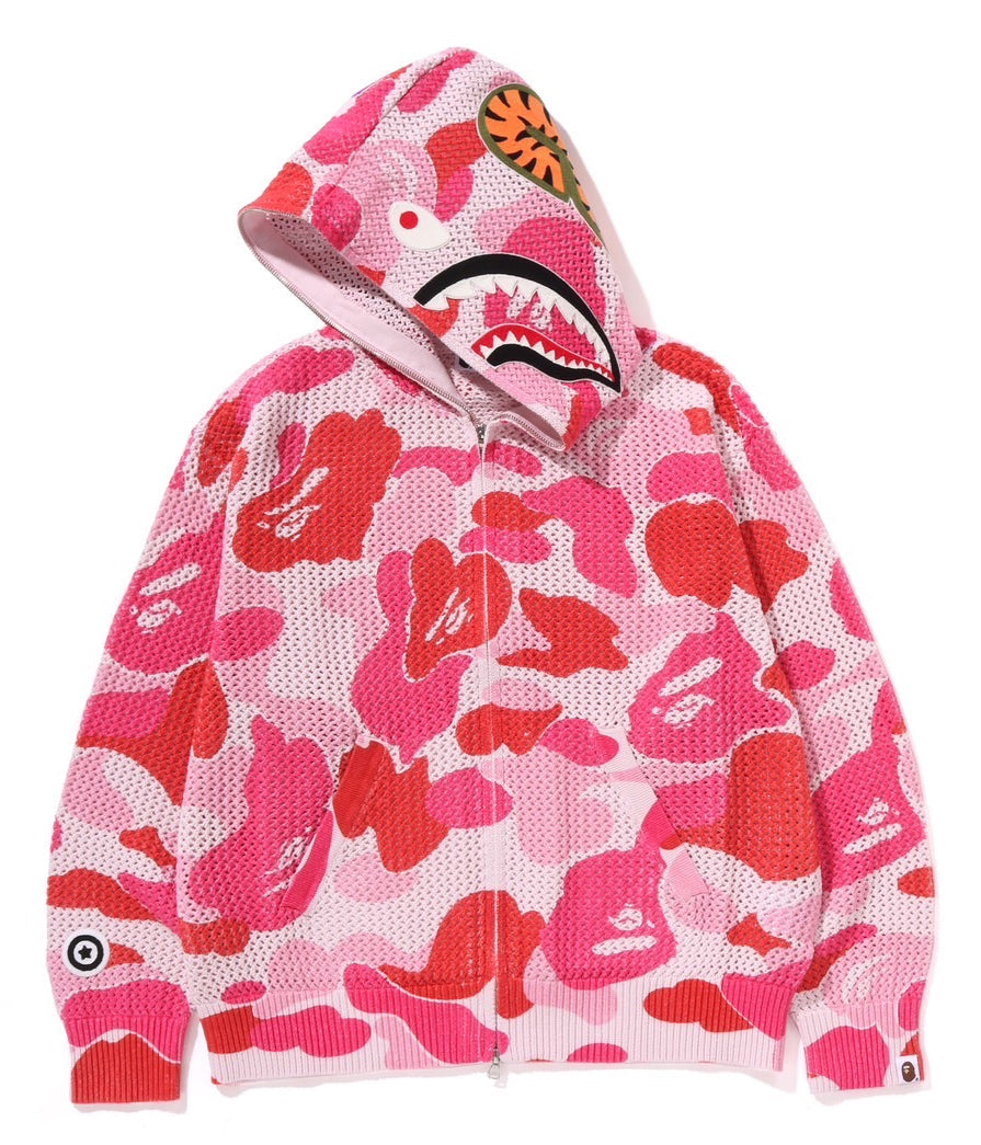 A BATHING APE BAPE ABC CAMO CROCHET RELAXED FIT SHARK FULL ZIP HOODIE PINK