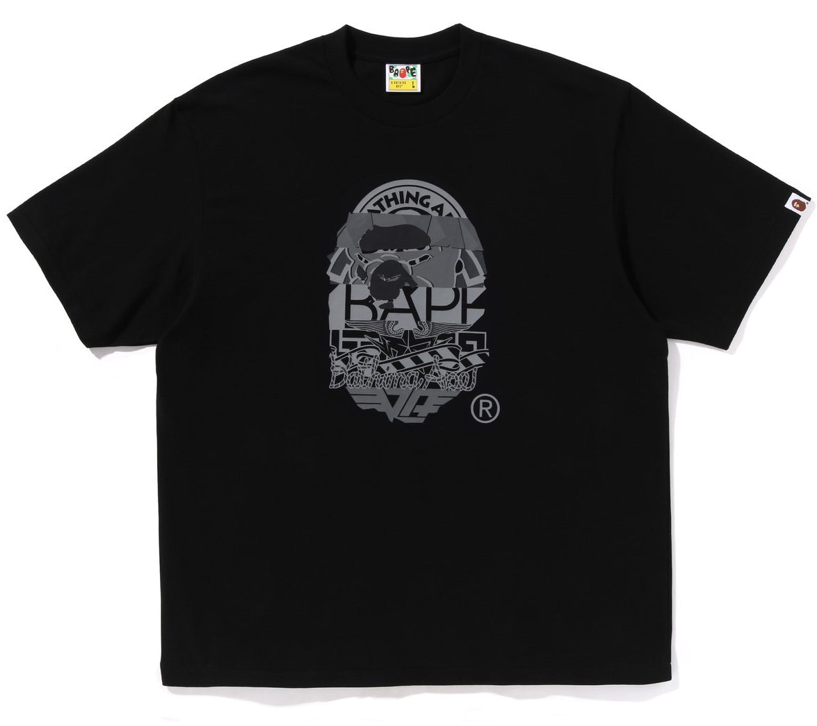 A BATHING APE BAPE MULTI LOGO APE HEAD RELAXED FIT TEE BLACK