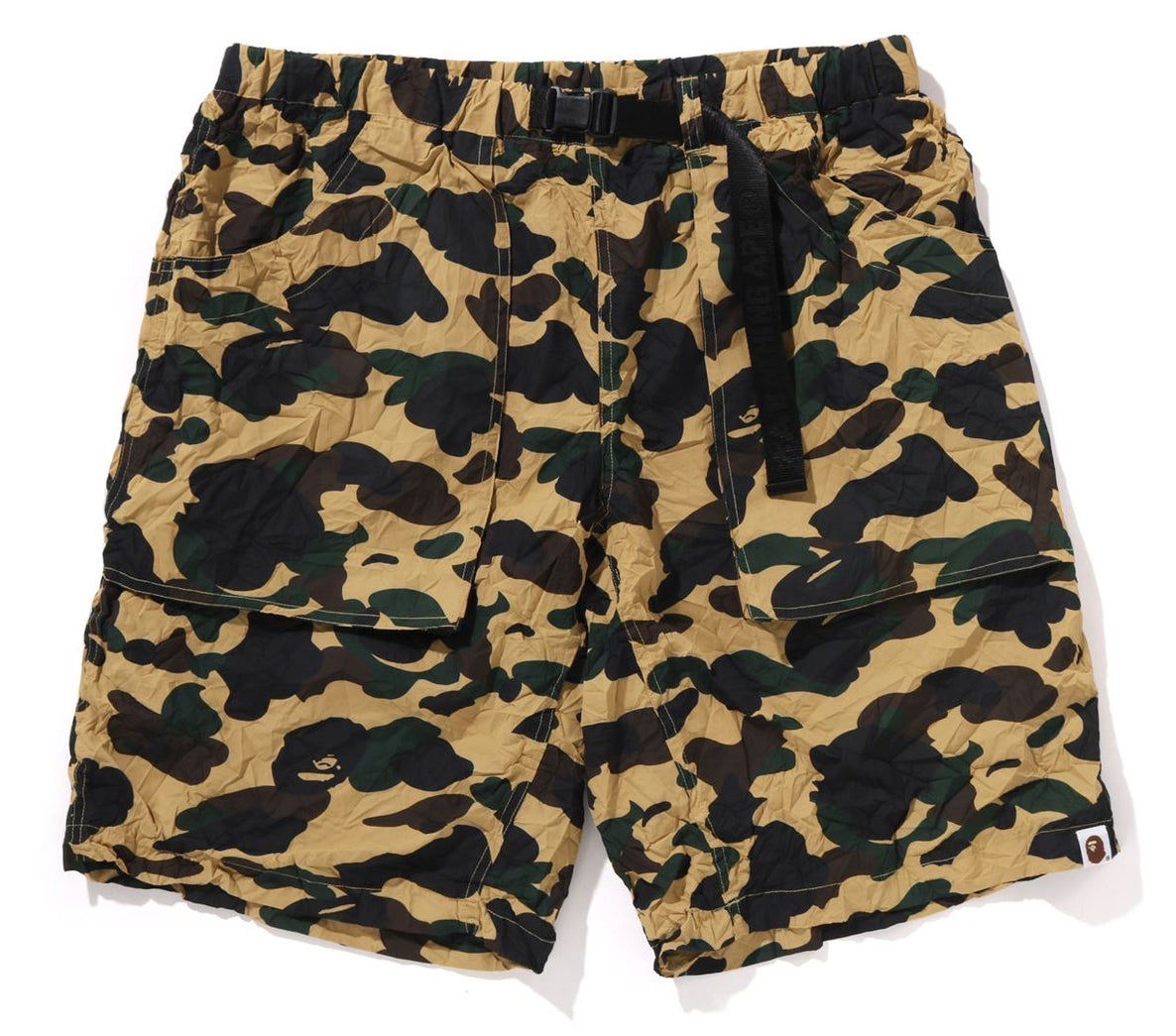 A BATHING APE BAPE CRINKLE EFFECT 1ST CAMO REGULAR FIT CLIMBING SHORTS YELLOW