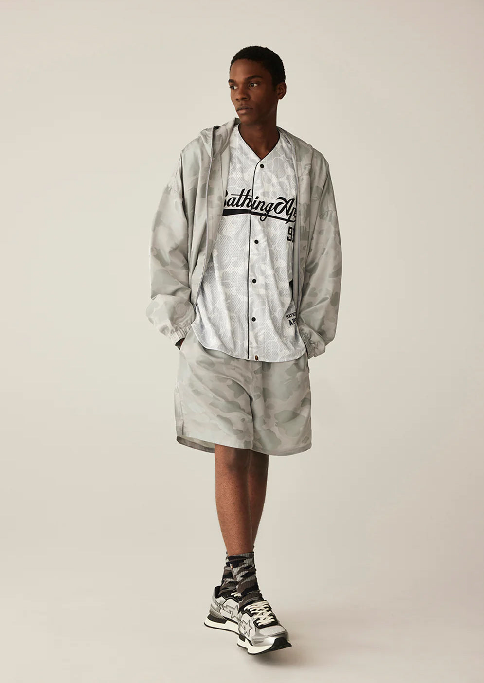 A BATHING APE BAPE CAMO STRIPE BASEBALL SHIRT GRAY