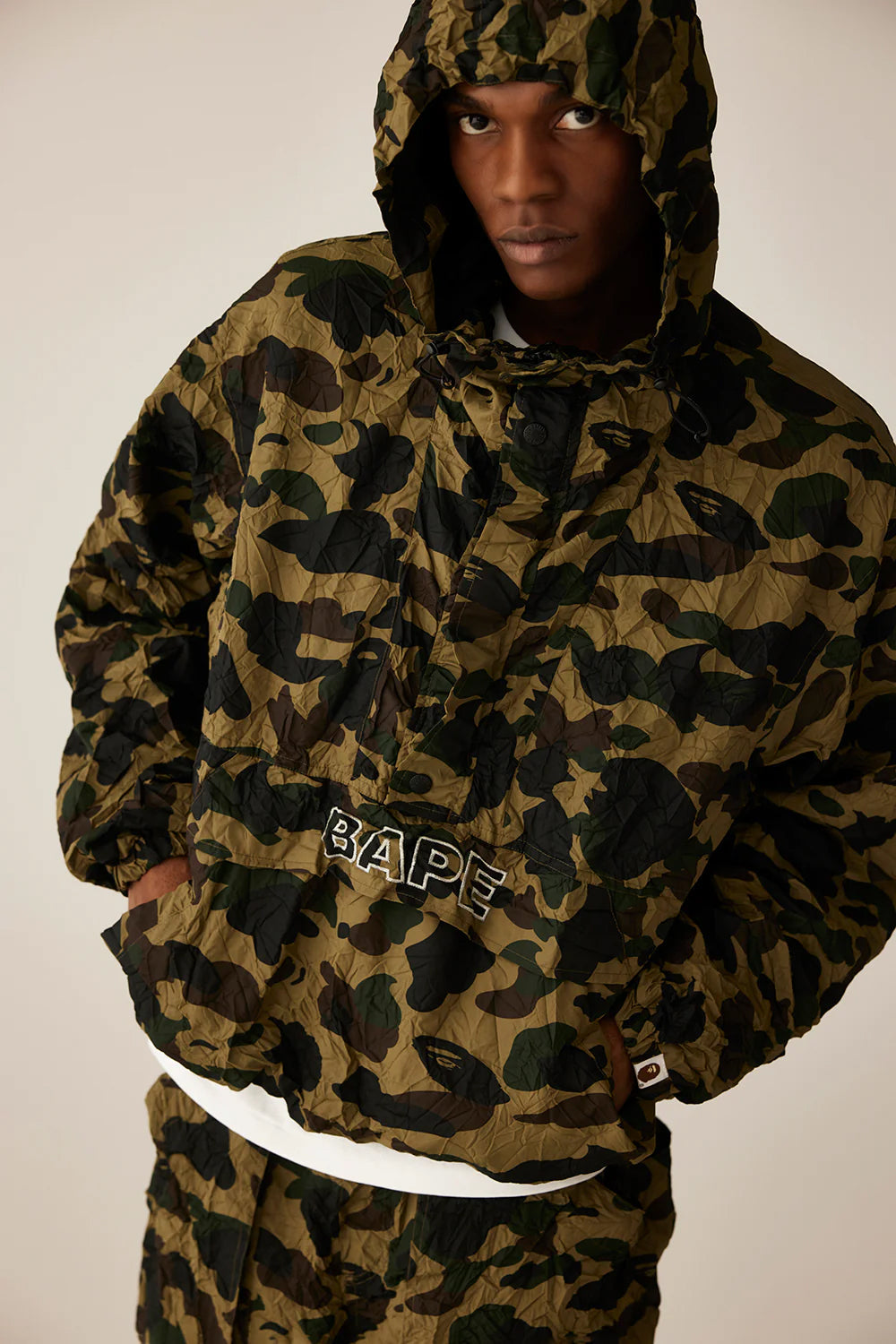 A BATHING APE BAPE CRINKLE EFFECT 1ST CAMO HALF ZIP HOODIE JACKET YELLOW