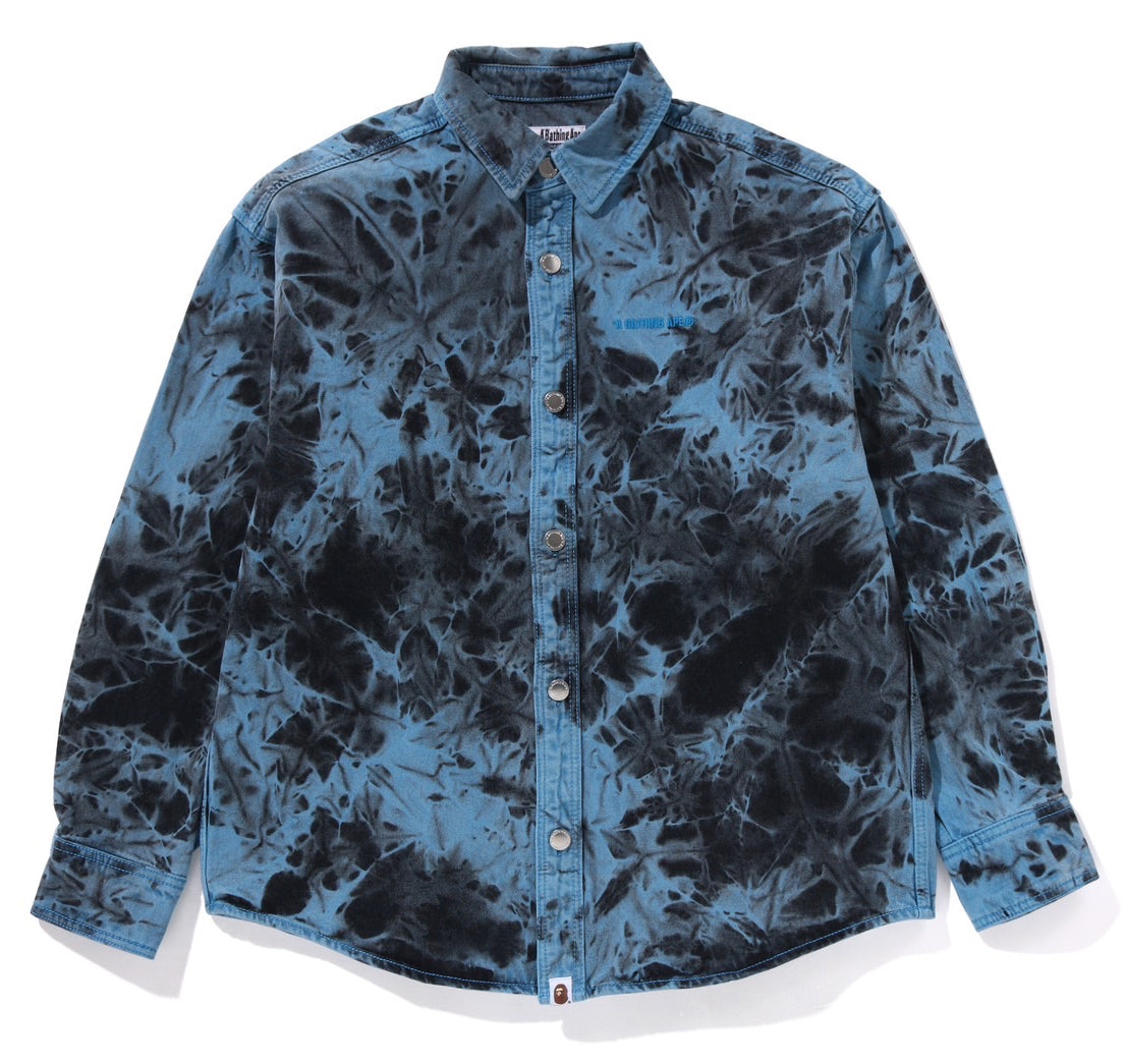 A BATHING APE BAPE DESTORYED BLEACH BATHING APE LOGO L/S SHIRT BLUE