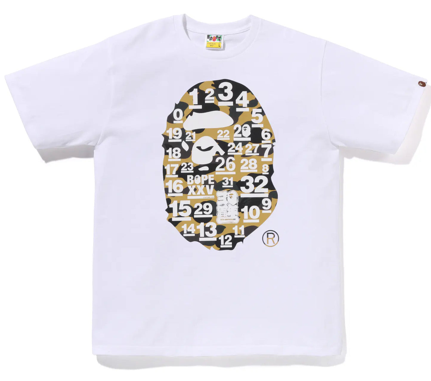 A BATHING APE BAPE 32ND ANNIV. 1ST CAMO BIG APE HEAD TEE WHITE YELLOW