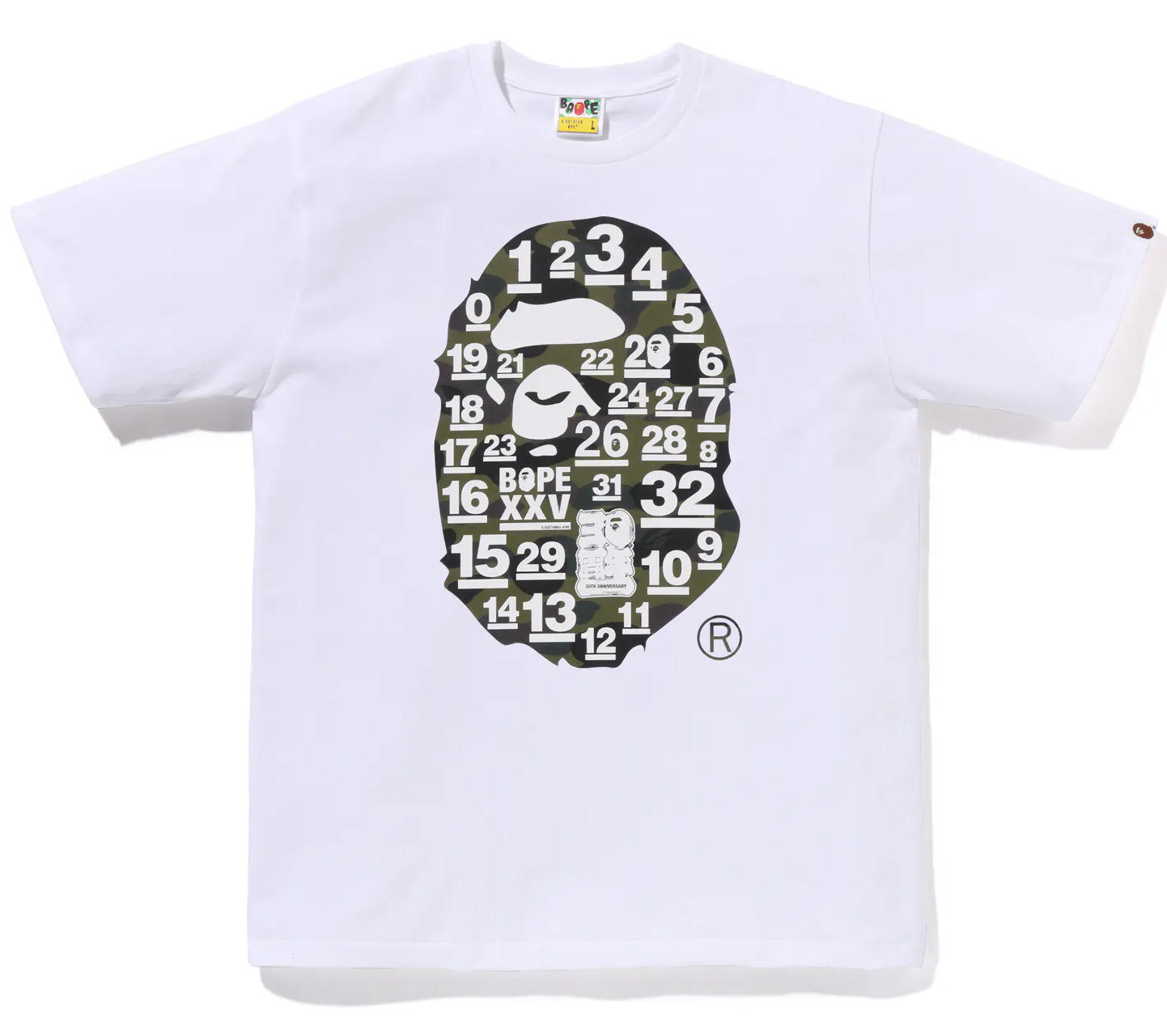 A BATHING APE BAPE 32ND ANNIV. 1ST CAMO BIG APE HEAD TEE WHITE GREEN