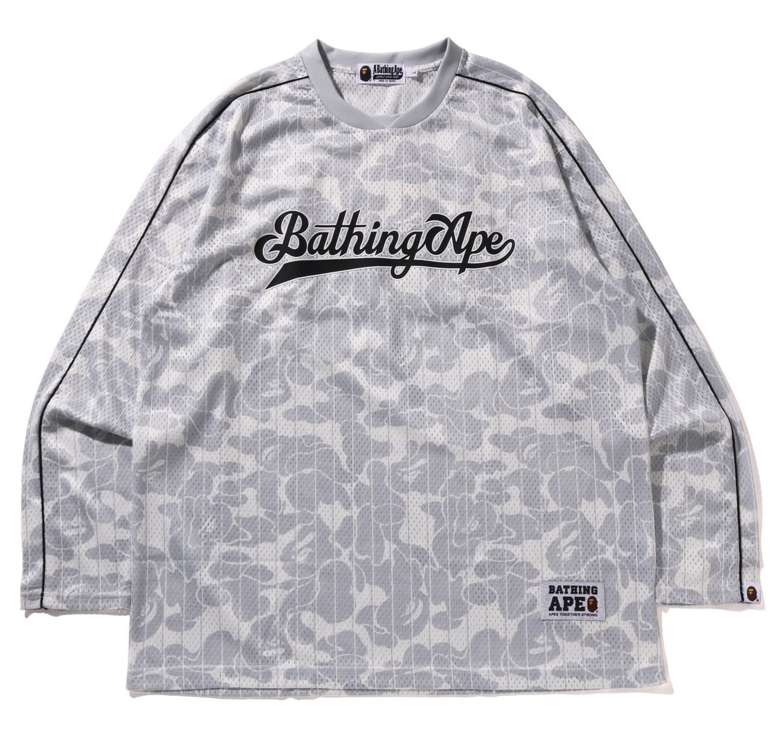 A BATHING APE BAPE CAMO STRIPE BASEBALL LOGO RELAXED FIT L/S TEE GRAY