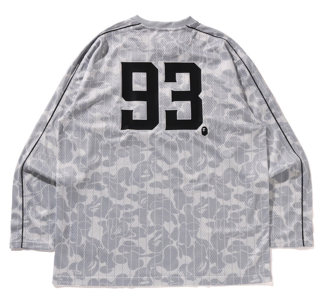 A BATHING APE BAPE CAMO STRIPE BASEBALL LOGO RELAXED FIT L/S TEE GRAY