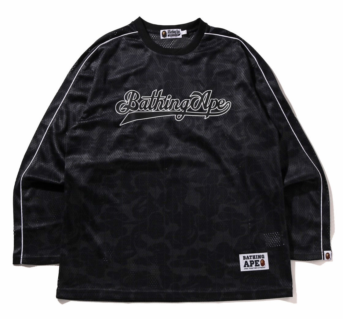 A BATHING APE BAPE CAMO STRIPE BASEBALL LOGO RELAXED FIT L/S TEE BLACK