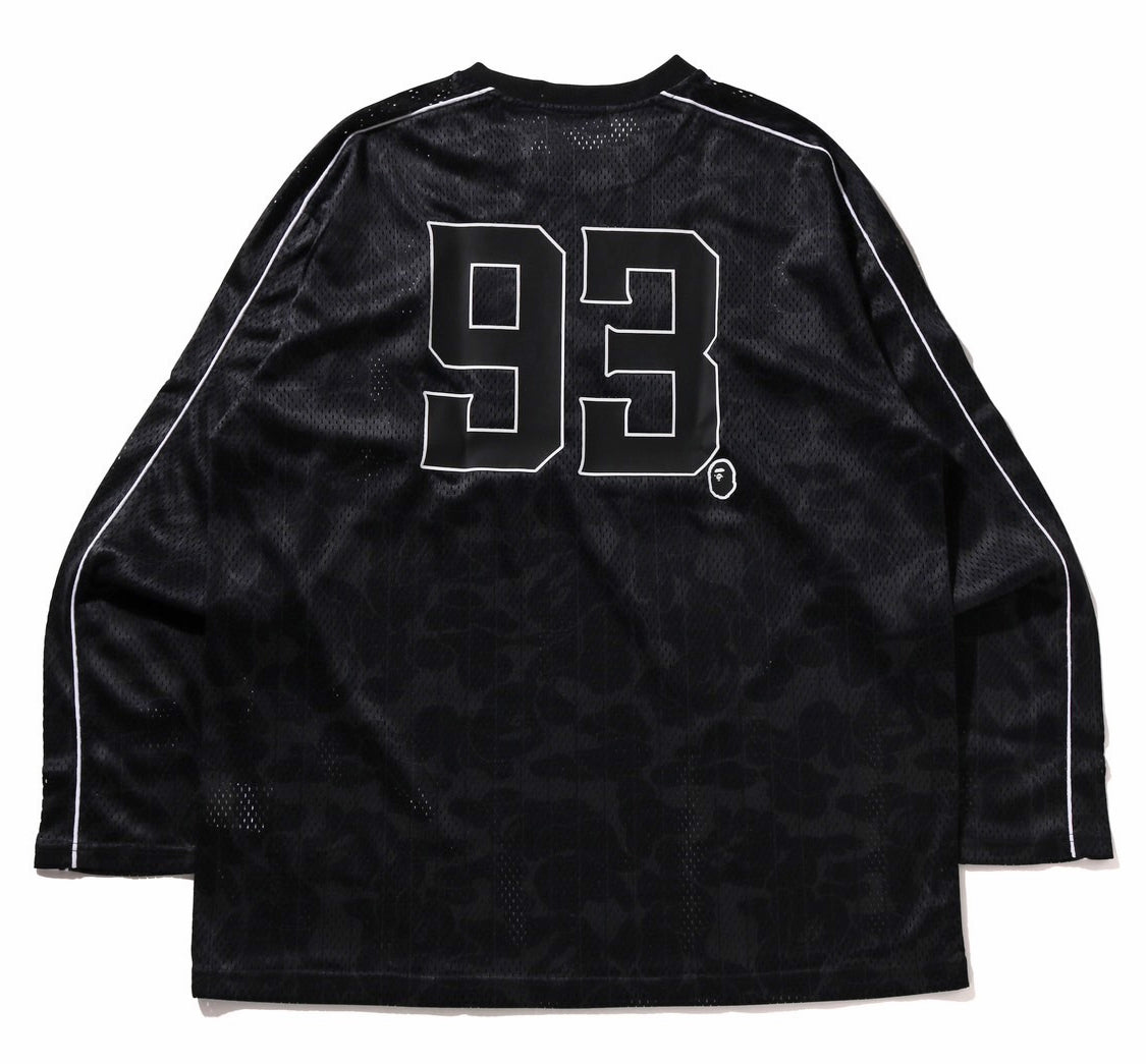 A BATHING APE BAPE CAMO STRIPE BASEBALL LOGO RELAXED FIT L/S TEE BLACK