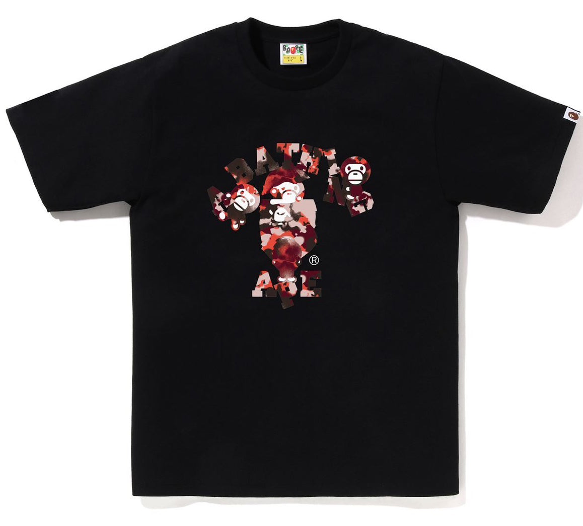 A BATHING APE BAPE MAP CAMO COLLEGE MILO TEE BLACK RED