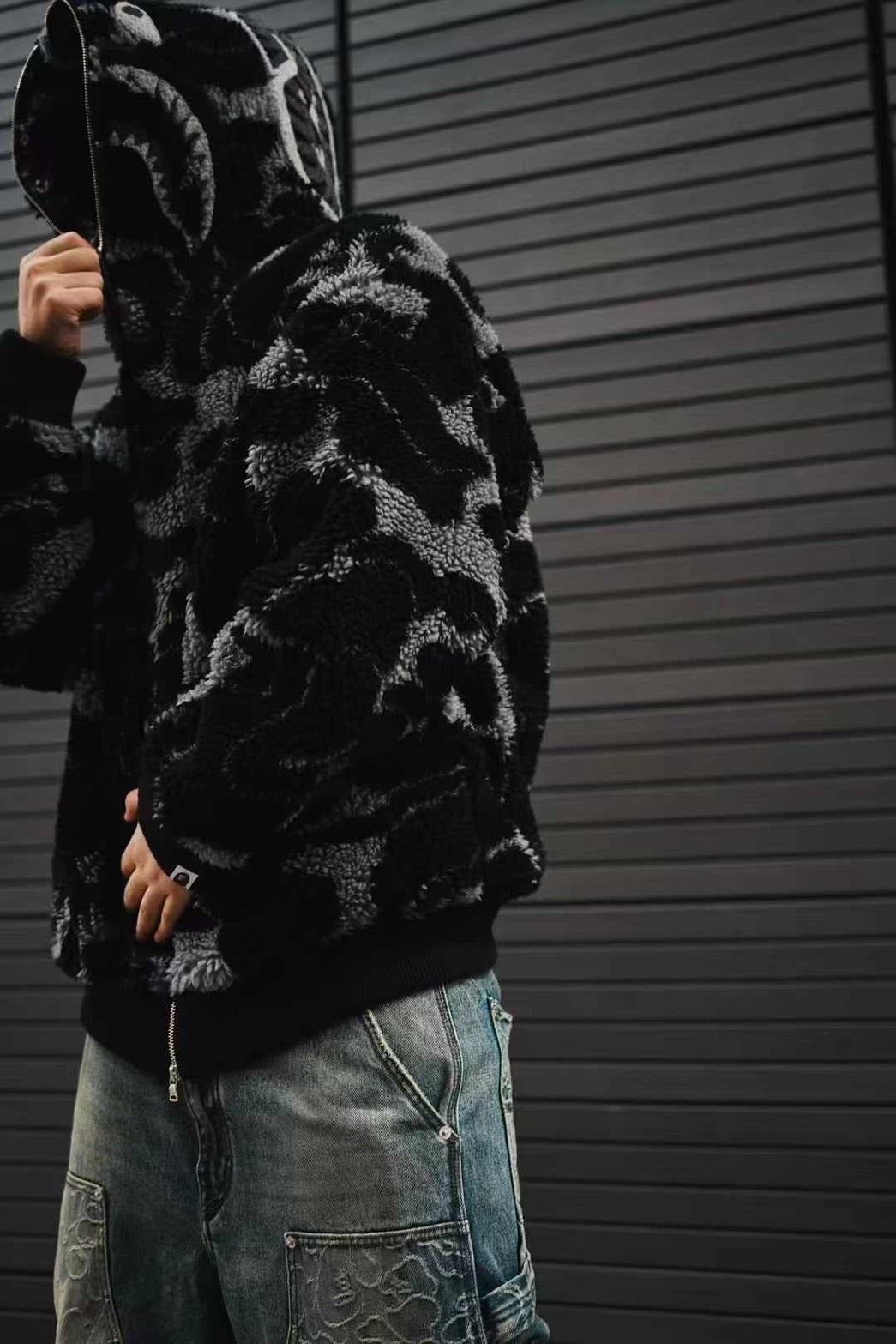 A BATHING APE BAPE ABC CAMO BOA SHARK RELAXED FIT FULL ZIP HOODIE BLACK
